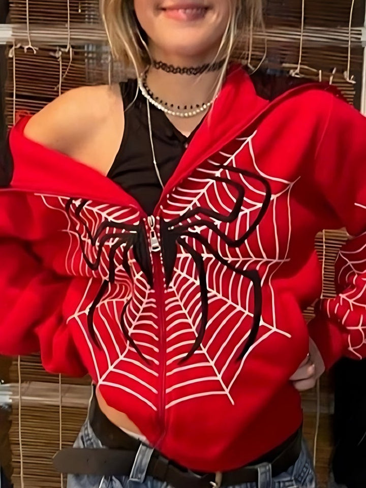 Cotton blend zip hoodie with a spider web motif - product photo 3
