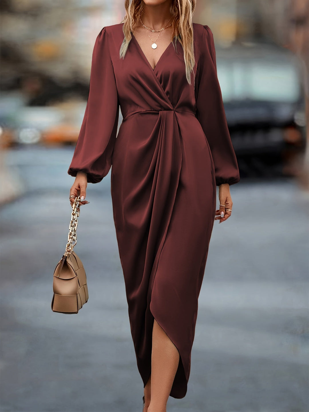 Elara | Elegant Long-Sleeve Wrap Midi Dress With Flowing Silhouette