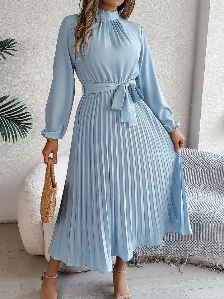 EMILY | Women’s Long-Sleeve Pleated Midi Dress With Defined Waist Belt
