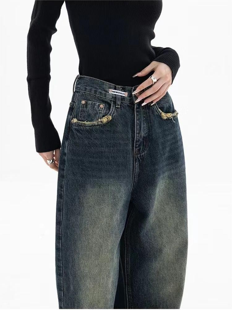 Dark washed vintage baggy boyfriend jeans with pocket trim detail - product photo 9