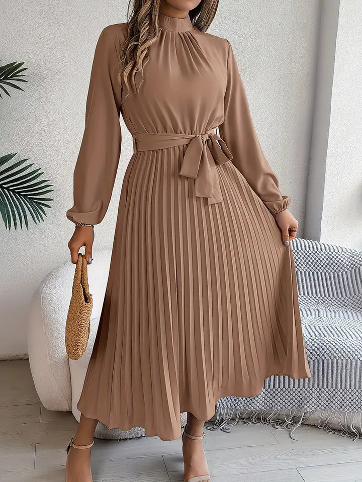 EMILY | Women’s Long-Sleeve Pleated Midi Dress With Defined Waist Belt