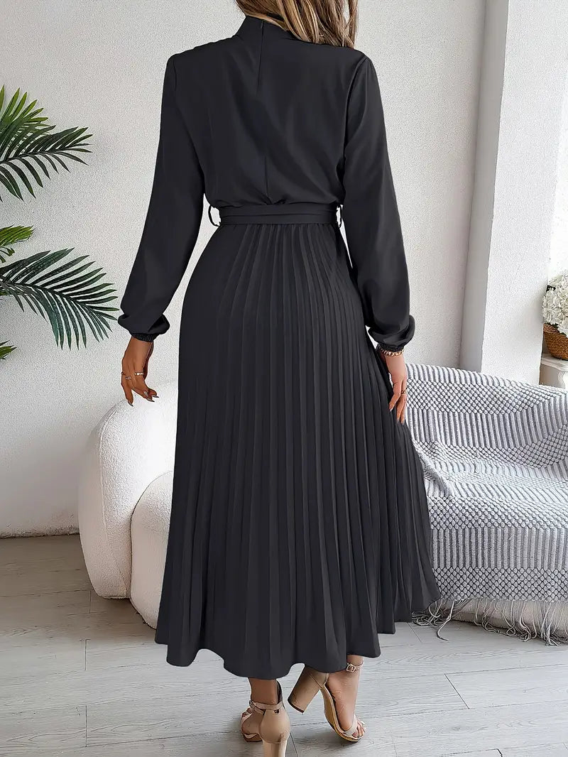 EMILY | Women’s Long-Sleeve Pleated Midi Dress With Defined Waist Belt