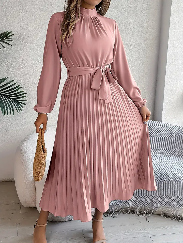 EMILY | Women’s Long-Sleeve Pleated Midi Dress With Defined Waist Belt