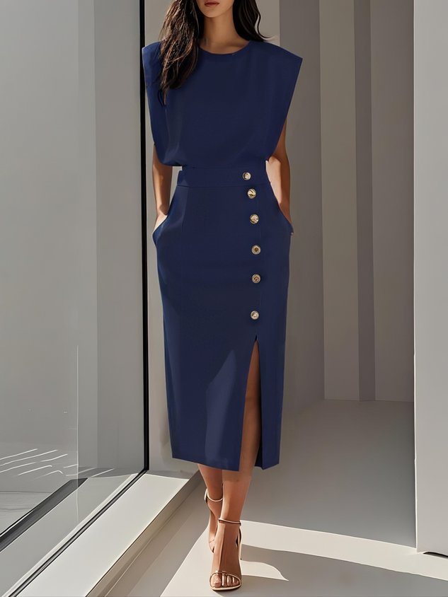 Cordelia | Elegant Sleeveless Side-Button Midi Dress For Women