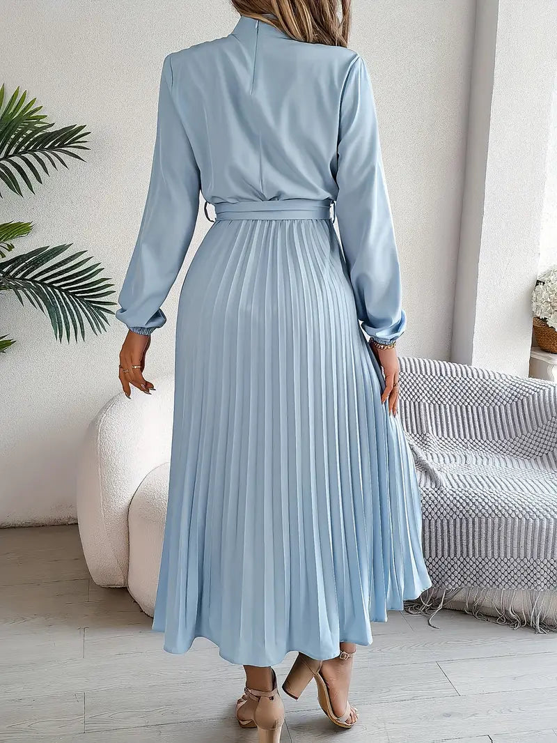 EMILY | Women’s Long-Sleeve Pleated Midi Dress With Defined Waist Belt