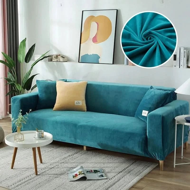 Elastic velvet sofa cover stretched over a couch - product photo 1
