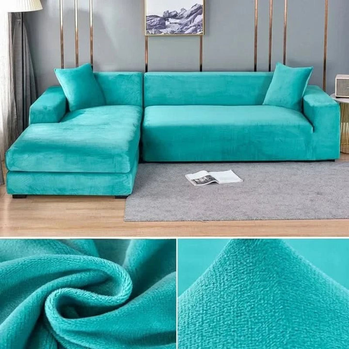 Elastic velvet sofa cover stretched over a couch - product photo 14