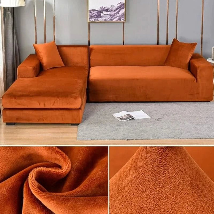 Elastic velvet sofa cover stretched over a couch - product photo 18