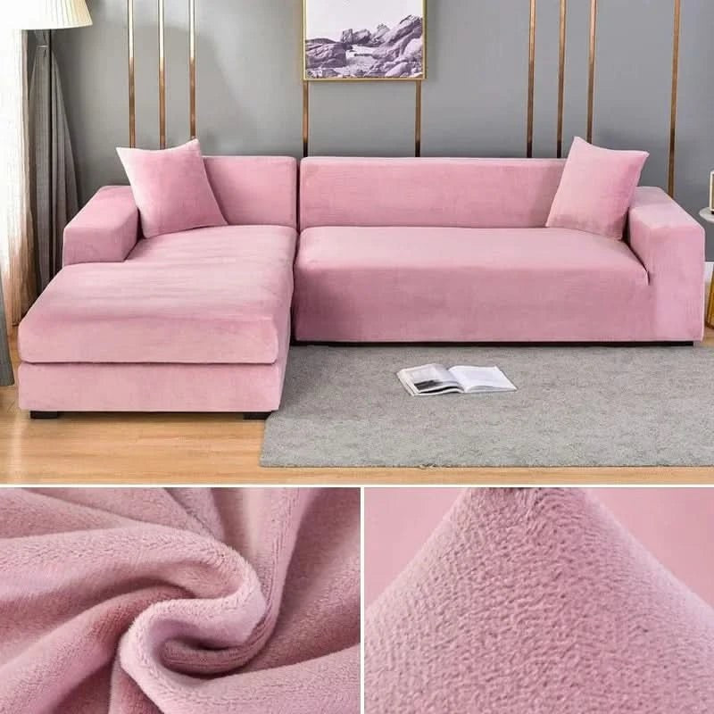 Elastic velvet sofa cover stretched over a couch - product photo 2