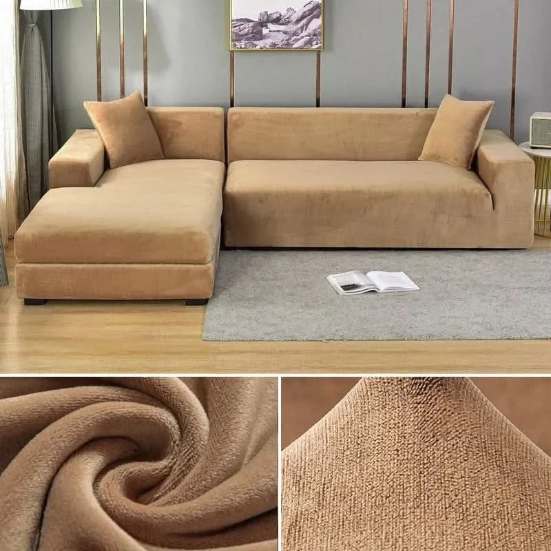 Elastic velvet sofa cover stretched over a couch - product photo 21