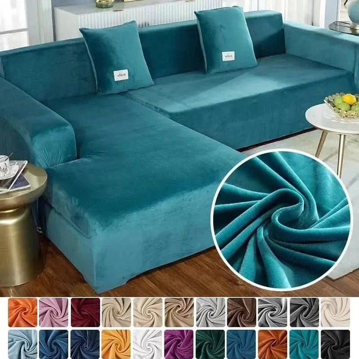 Elastic velvet sofa cover stretched over a couch - product photo 3