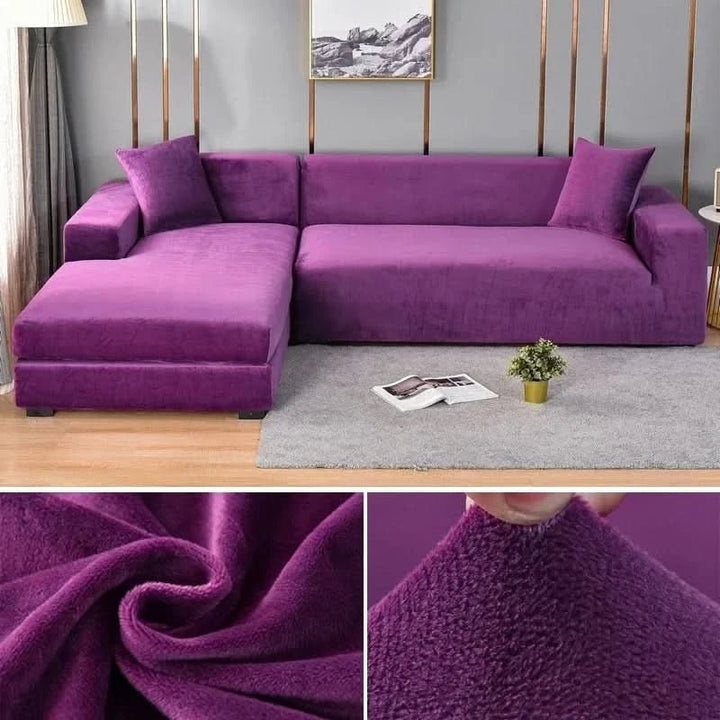 Elastic velvet sofa cover stretched over a couch - product photo 4
