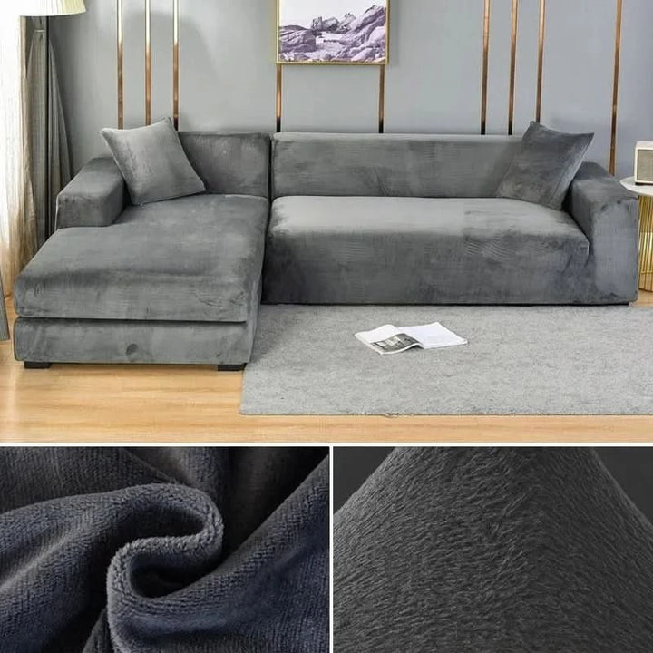 Elastic velvet sofa cover stretched over a couch - product photo 5