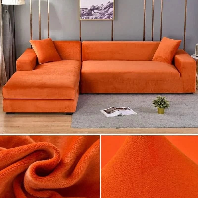 Elastic velvet sofa cover stretched over a couch - product photo 6