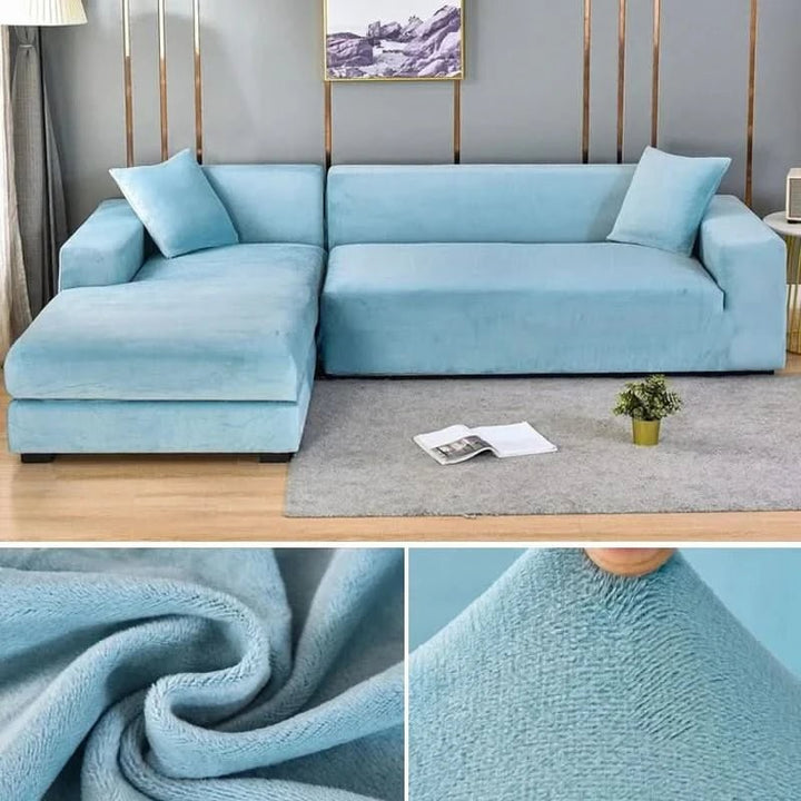 Elastic velvet sofa cover stretched over a couch - product photo 7