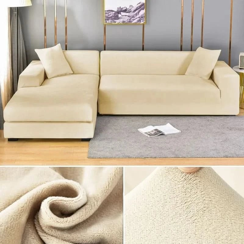 Elastic velvet sofa cover stretched over a couch - product photo 8