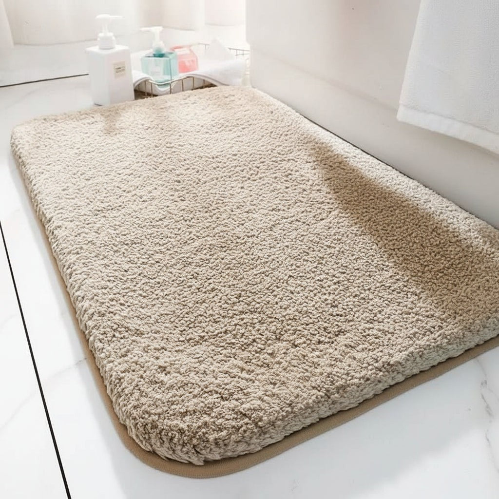 Extra thick high-pile microfiber bath mat on a bathroom floor - product photo 1