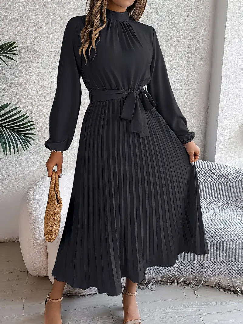 EMILY | Women’s Long-Sleeve Pleated Midi Dress With Defined Waist Belt