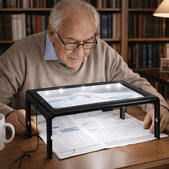 Foldable page magnifier with LED lighting standing over a book - product photo 1
