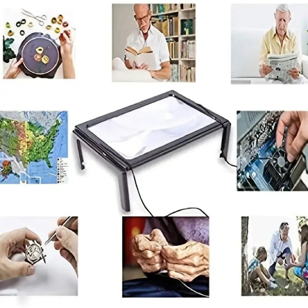 Foldable page magnifier with LED lighting standing over a book - product photo 2