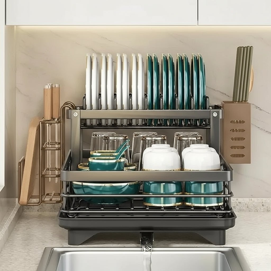 Foldable stainless steel dish drying rack beside a sink - product photo 11