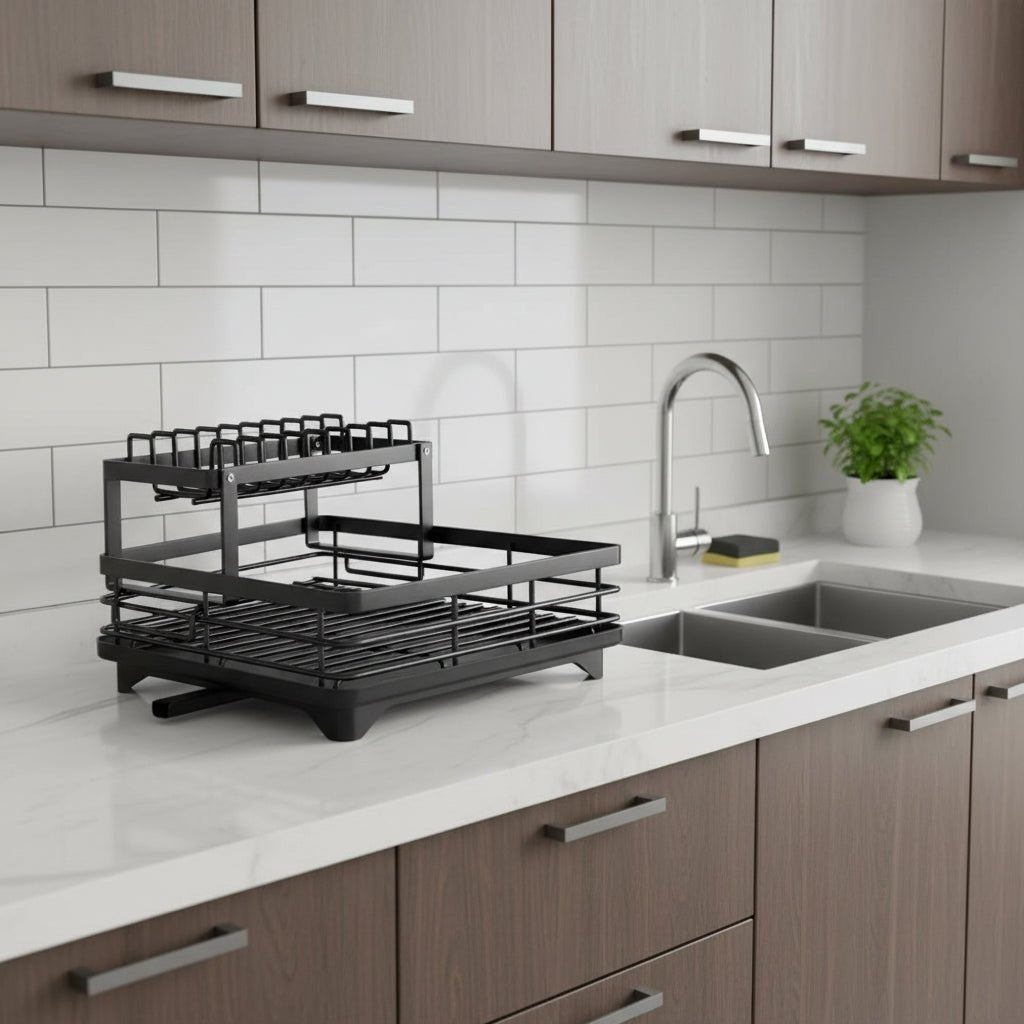 Foldable stainless steel dish drying rack beside a sink - product photo 2