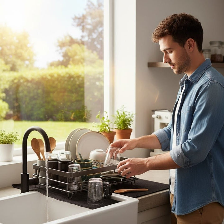 Foldable stainless steel dish drying rack beside a sink - product photo 3