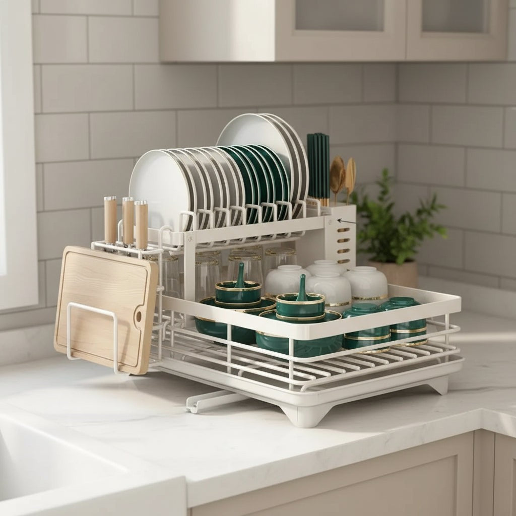 Foldable stainless steel dish drying rack beside a sink - product photo 4