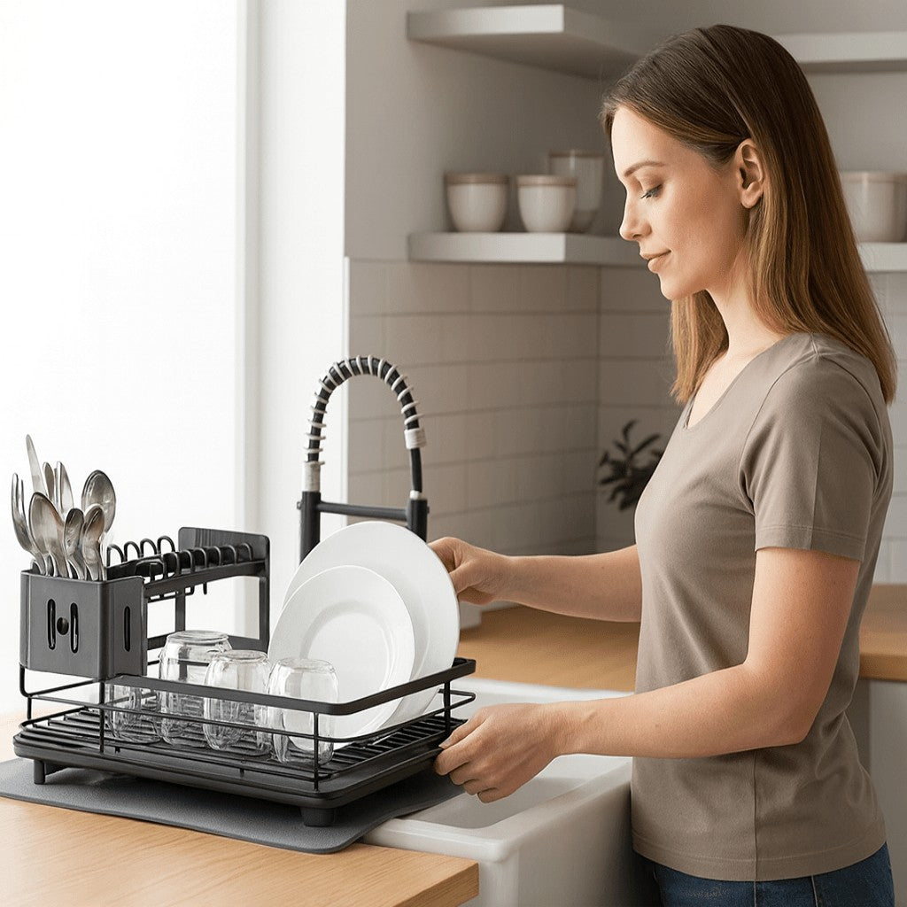 Foldable stainless steel dish drying rack beside a sink - product photo 5