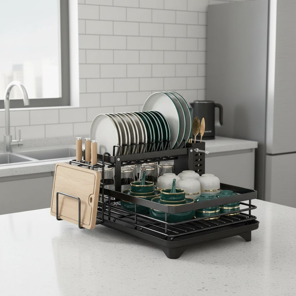 Foldable stainless steel dish drying rack beside a sink - product photo 7