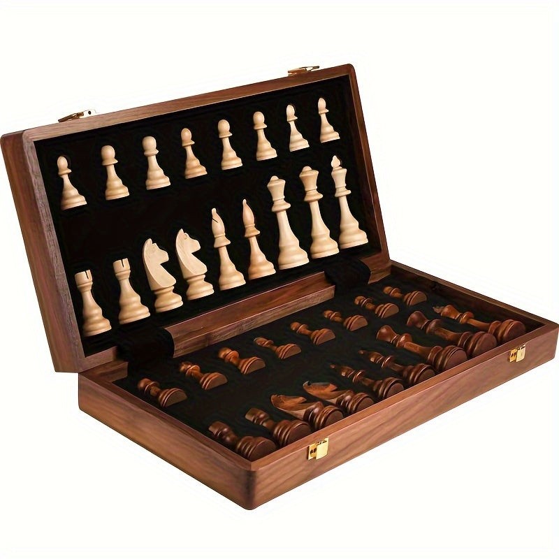 Folding walnut chess set with weighted wooden pieces - product photo 1