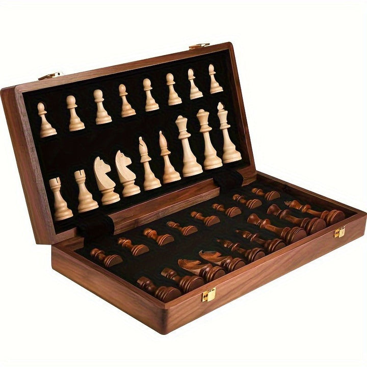Folding walnut chess set with weighted wooden pieces - product photo 1