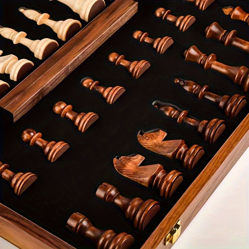 Folding walnut chess set with weighted wooden pieces - product photo 4
