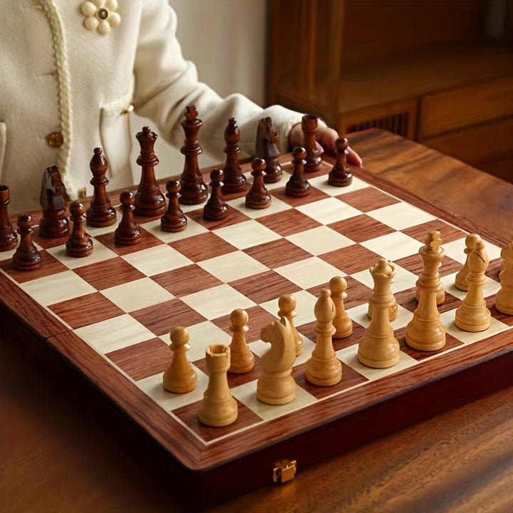 Folding walnut chess set with weighted wooden pieces - product photo 5