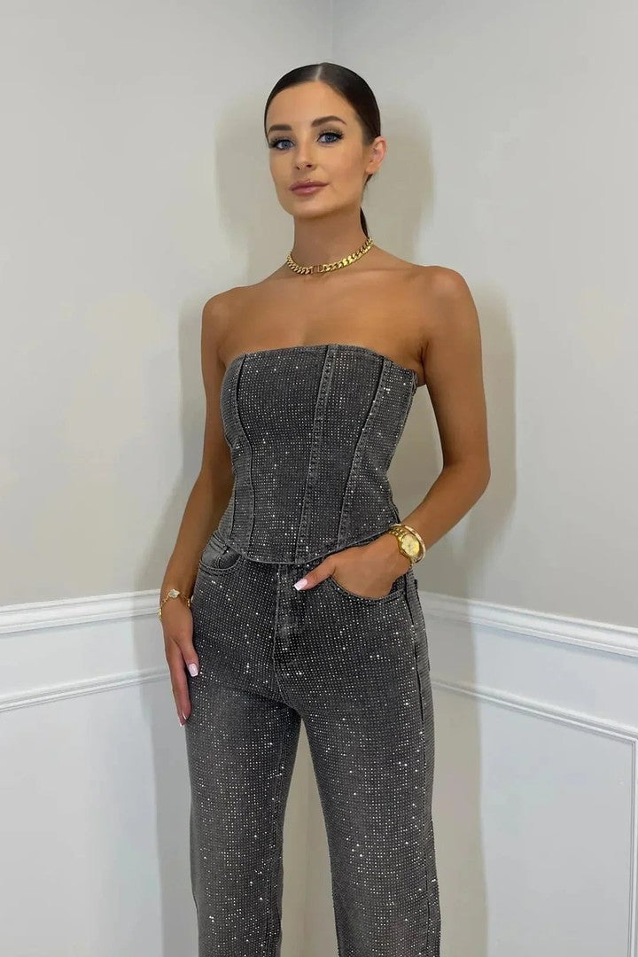 Two-piece glitter top and high-waisted jeans set - product photo 10
