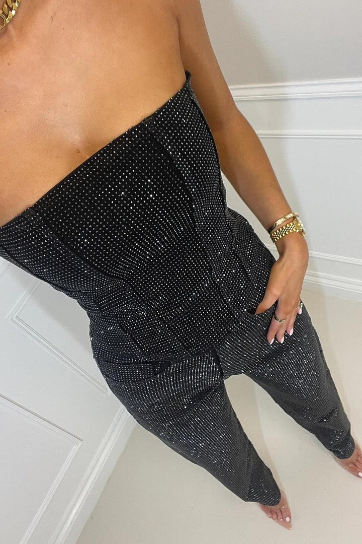Two-piece glitter top and high-waisted jeans set - product photo 3