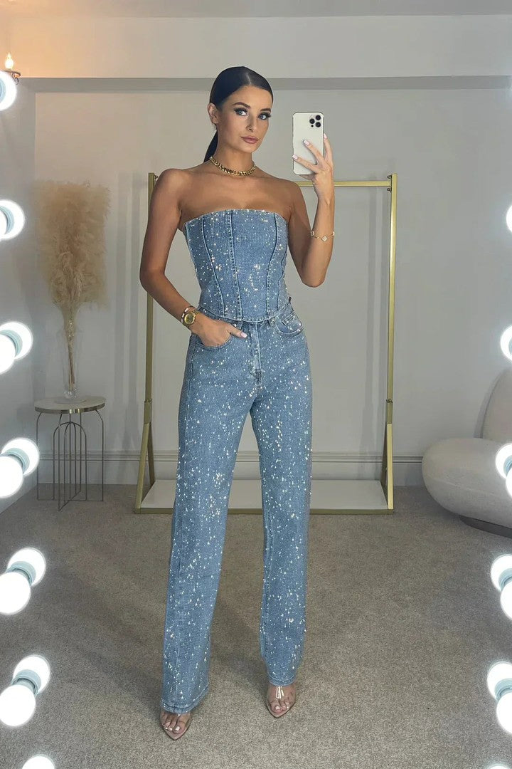 Two-piece glitter top and high-waisted jeans set - product photo 4