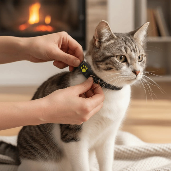 Compact GPS tracker clipped to a cat's collar - product photo 1