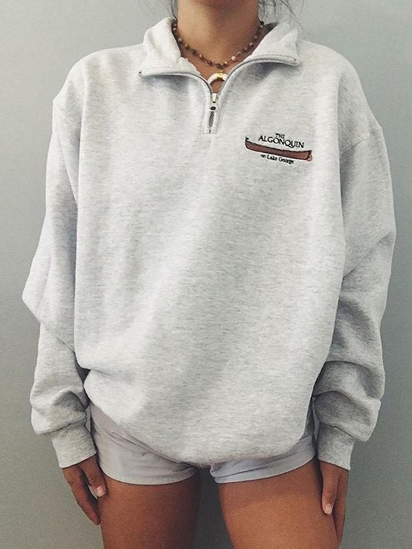 Gray retro zip sweatshirt with a stand collar and slogan print - product photo 1