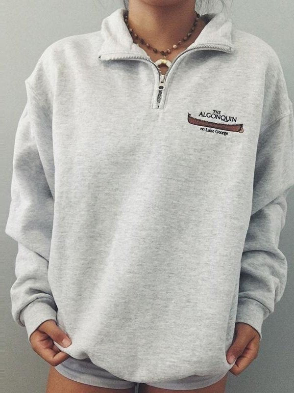 Gray retro zip sweatshirt with a stand collar and slogan print - product photo 2