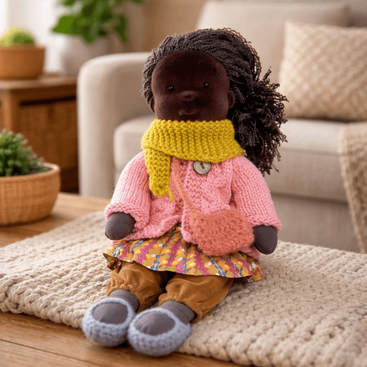 Handmade Waldorf-style cotton doll with black curls, a yellow scarf, pink cardigan and tan pants on a woven rug