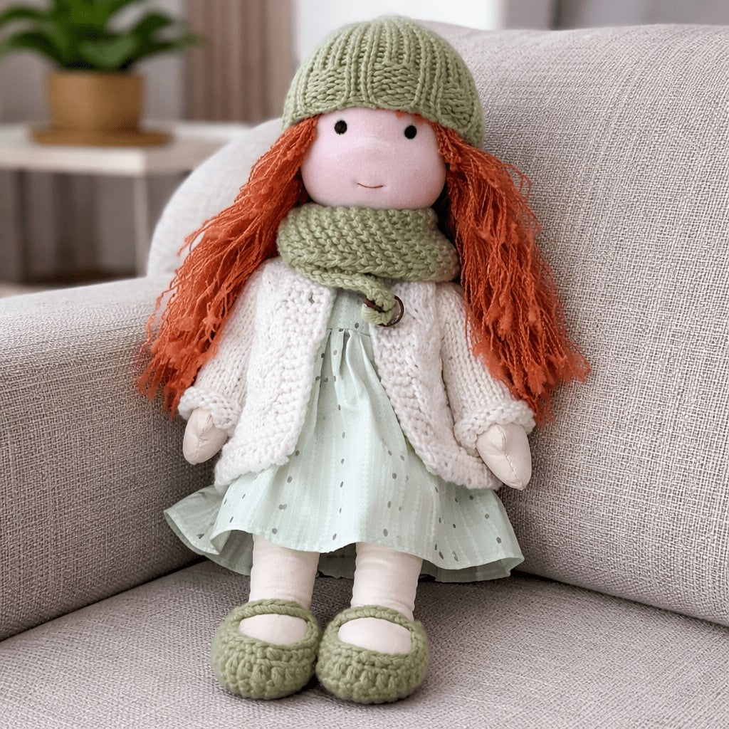 Handmade Waldorf-style cotton doll with red curly hair, a green knit hat and scarf and a mint dress, seated on a sofa