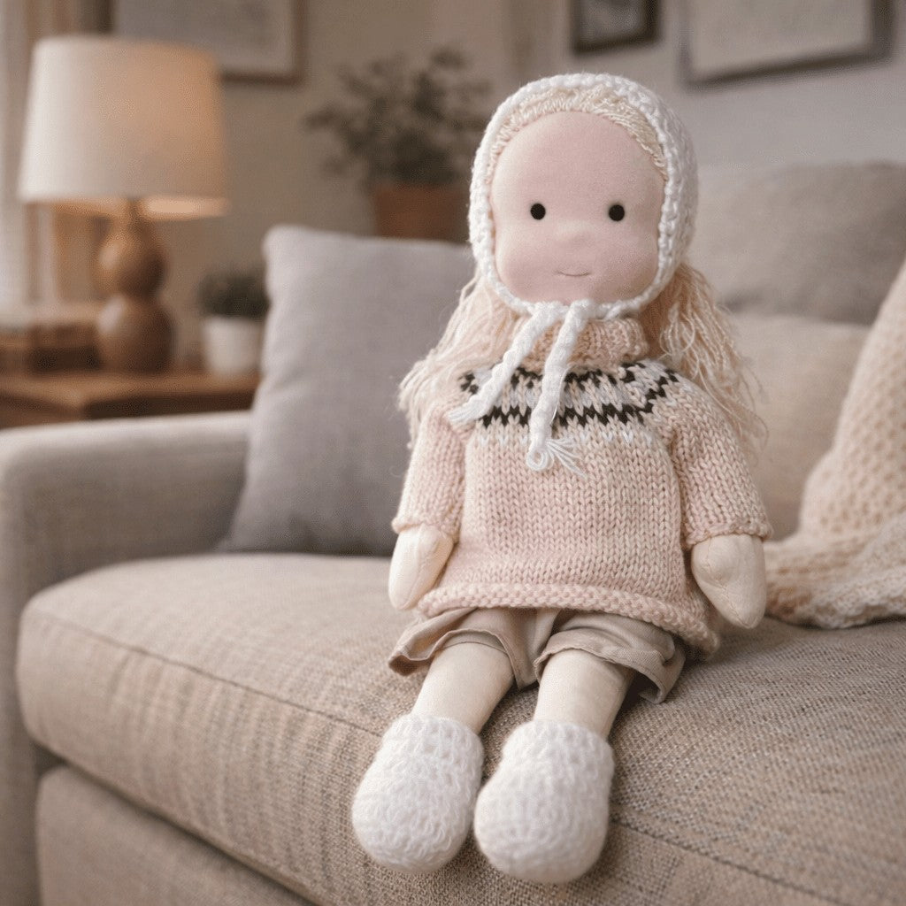 Handmade Waldorf-style cotton doll with a cream knit bonnet, a patterned knit sweater and beige pants
