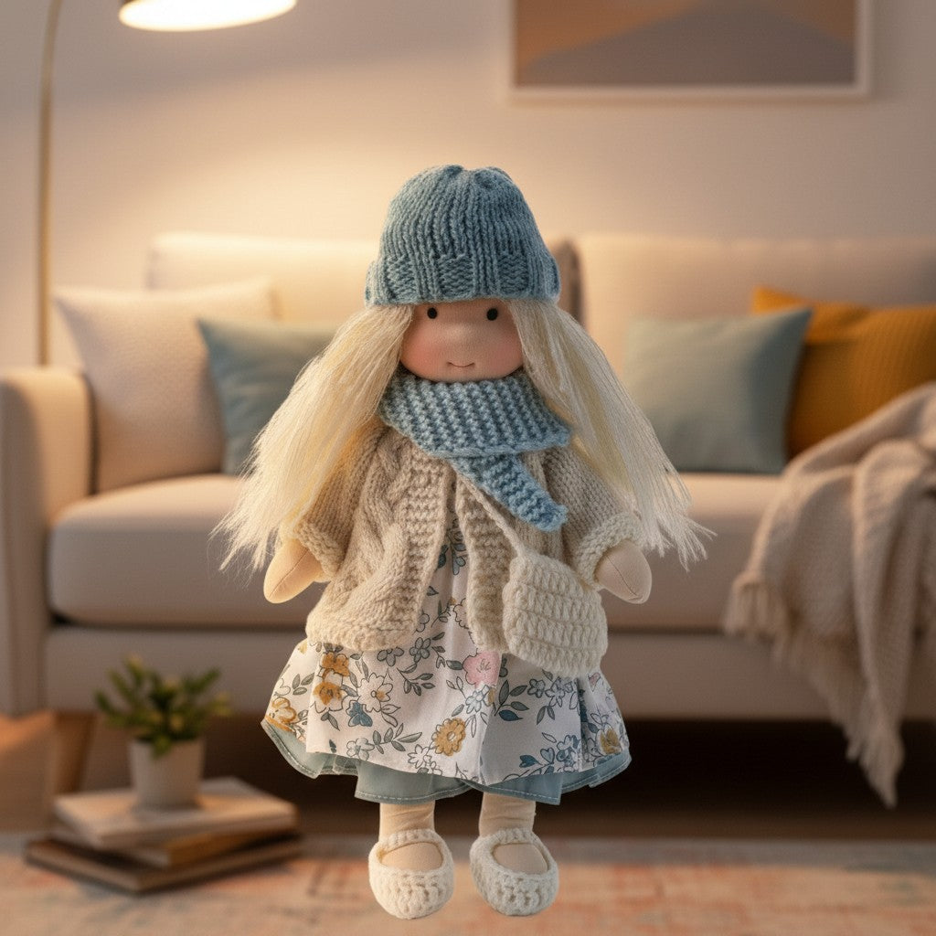Handmade Waldorf-style cotton doll with a teal knit hat and scarf, cream cardigan and a floral skirt, standing