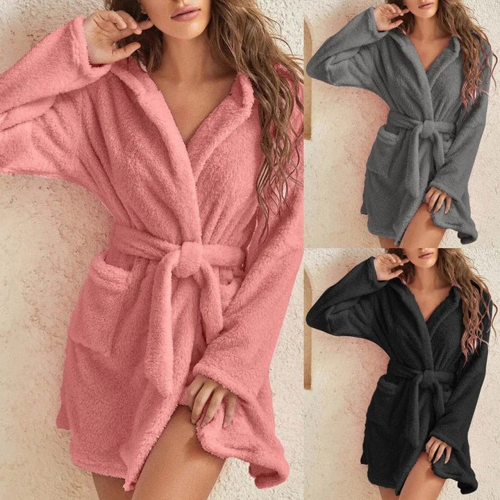 Hooded fleece bathrobe with a tie belt - product photo 2