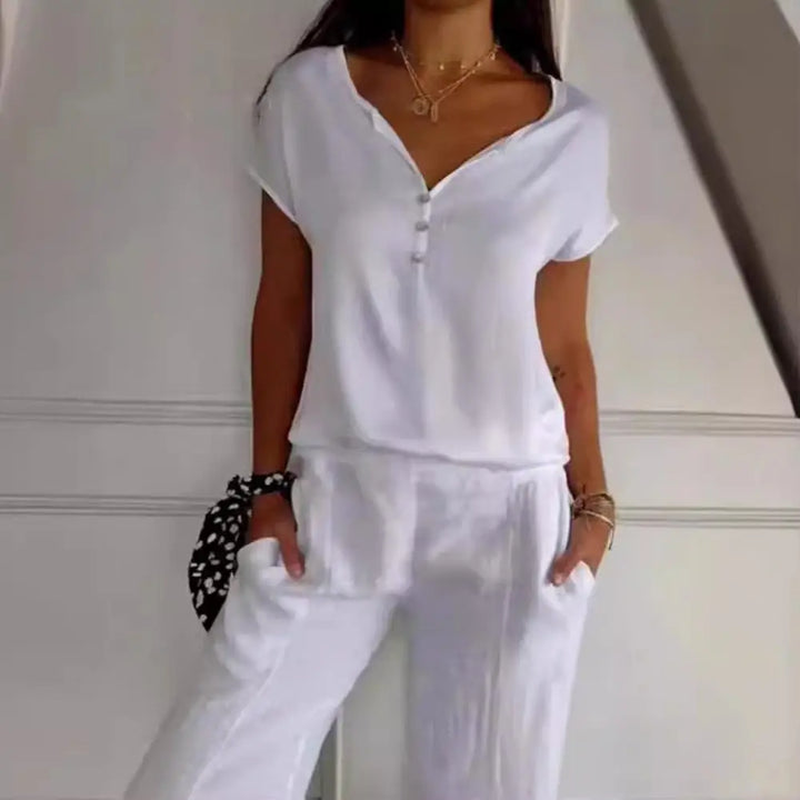 Elisa | Women’s Elegant V-Neck Short Sleeve Button Top
