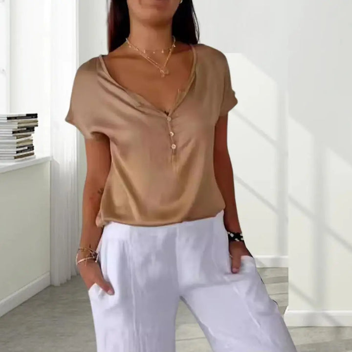 Elisa | Women’s Elegant V-Neck Short Sleeve Button Top