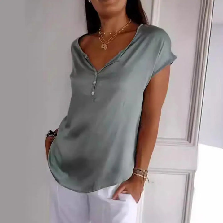 Elisa | Women’s Elegant V-Neck Short Sleeve Button Top