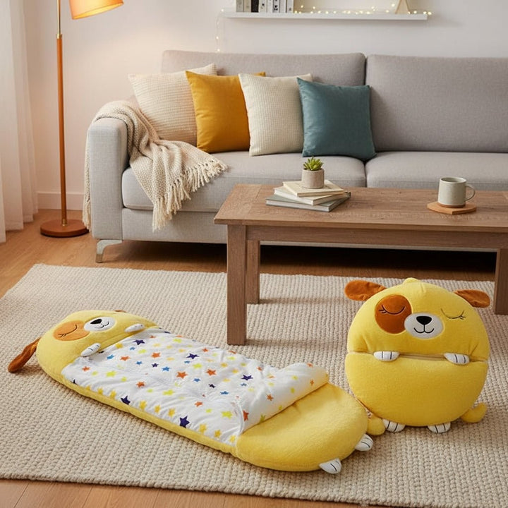 Kids sleeping bag that folds into a soft plush animal - product photo 1