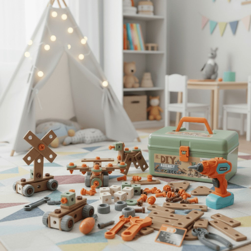Kids tool set with a working toy drill and building parts - product photo 1